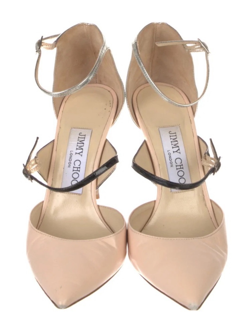 Jimmy Choo Blush Pink Pointed-Toe Ankle-Strap Pumps with Black & Metallic Straps